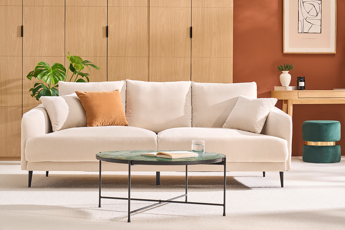 Divano design 3 posti in tessuto effetto velluto beige e metallo nero JERRY