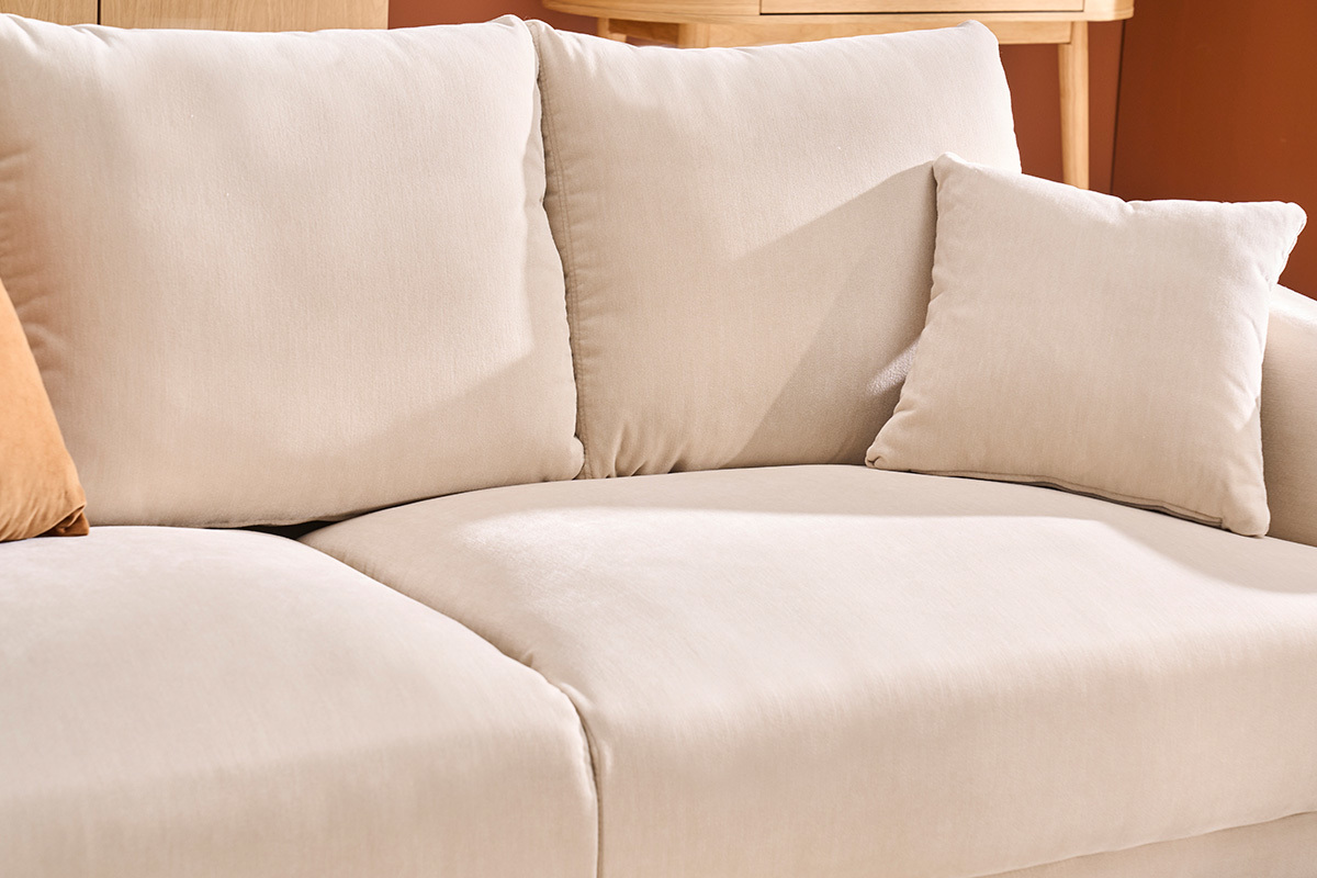Divano design 3 posti in tessuto effetto velluto beige e metallo nero JERRY