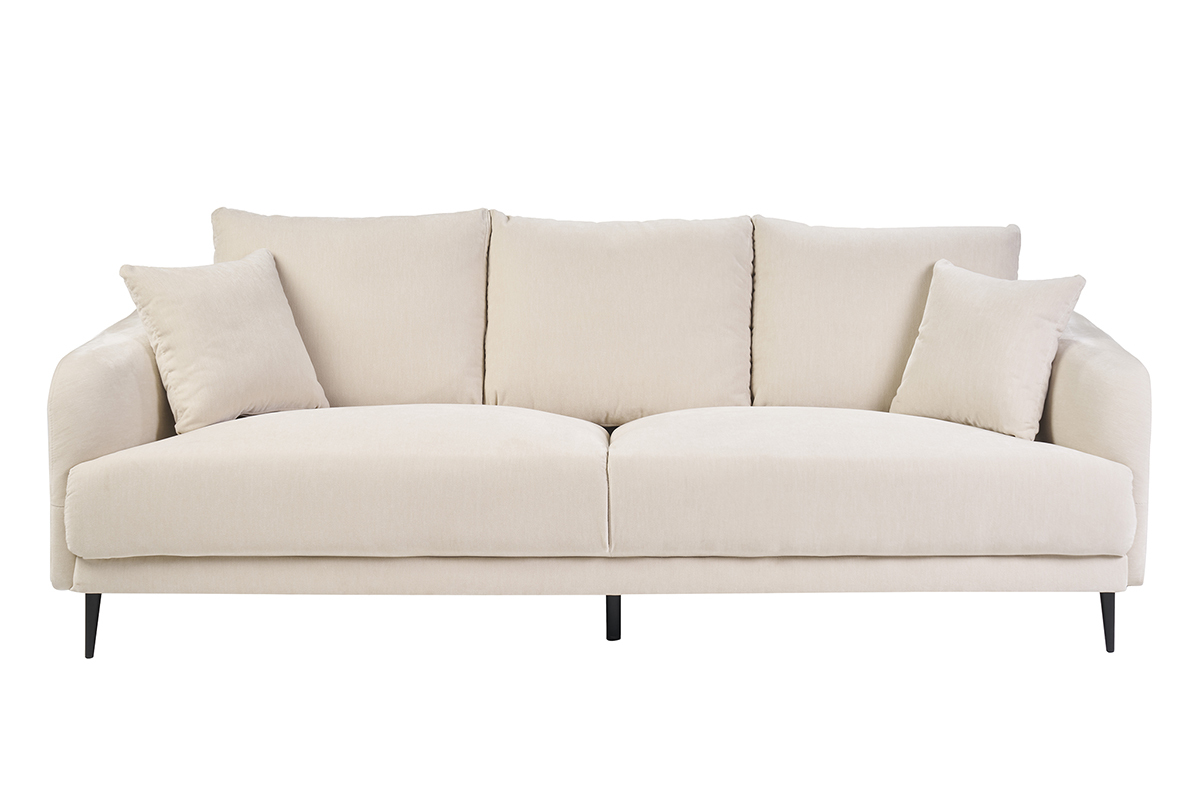 Divano design 3 posti in tessuto effetto velluto beige e metallo nero JERRY