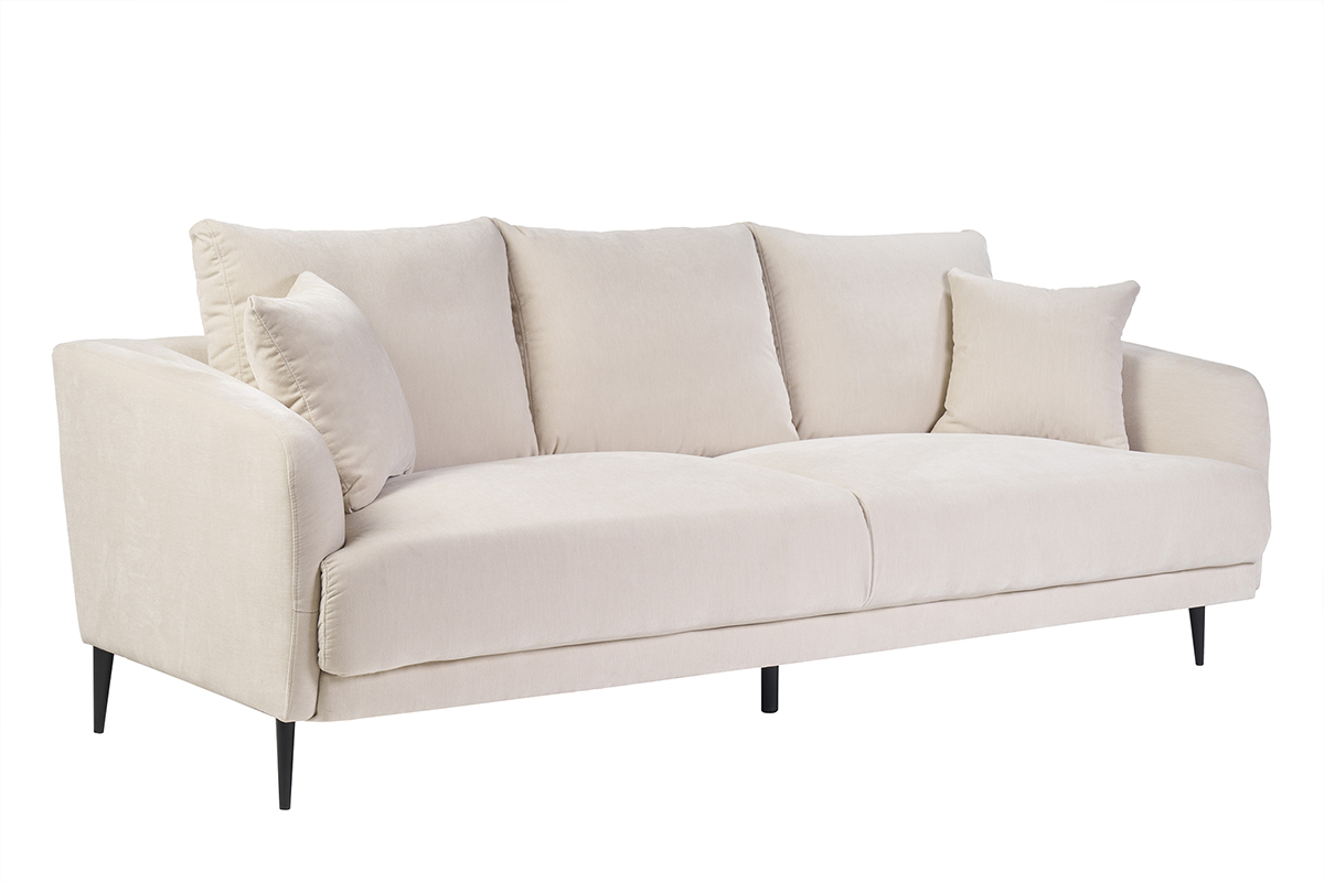 Divano design 3 posti in tessuto effetto velluto beige e metallo nero JERRY