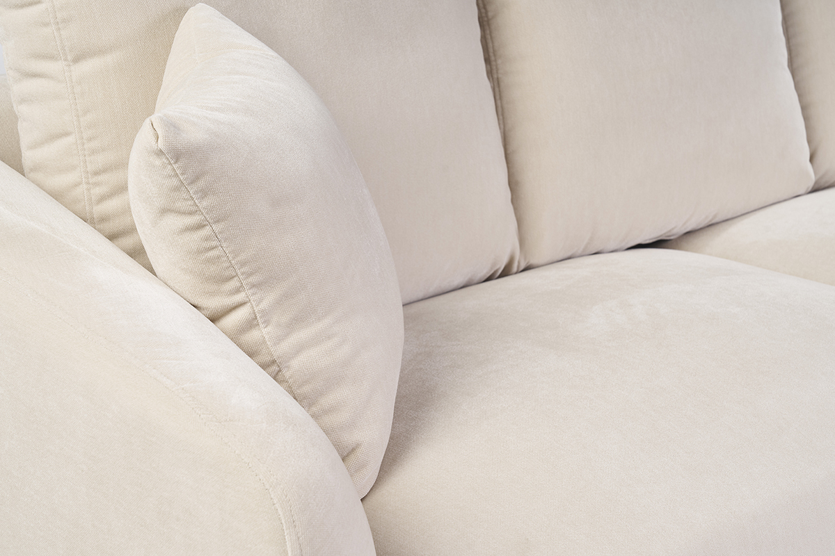 Divano design 3 posti in tessuto effetto velluto beige e metallo nero JERRY