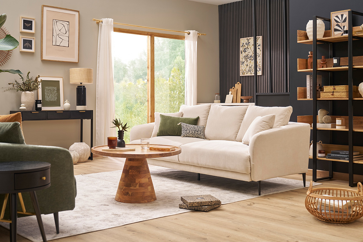 Divano design 3 posti in tessuto effetto velluto beige e metallo nero JERRY