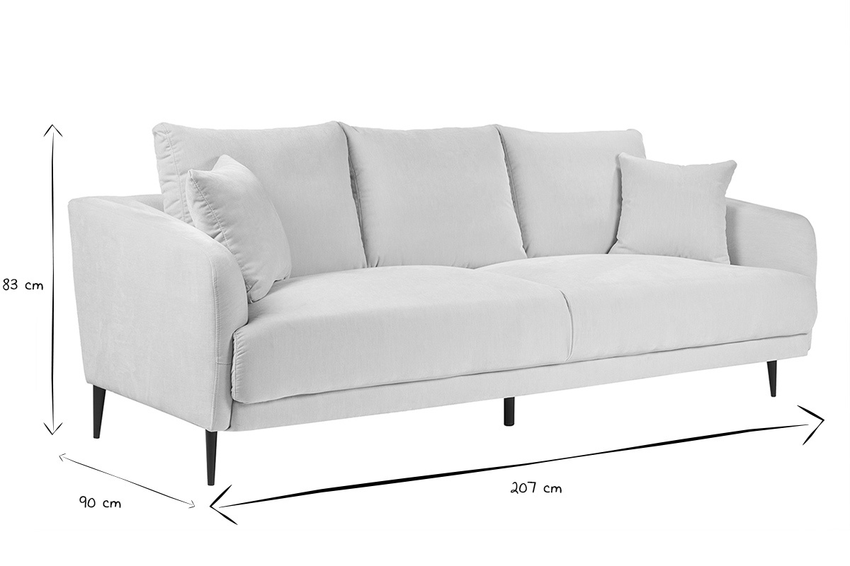 Divano design 3 posti in tessuto effetto velluto beige e metallo nero JERRY