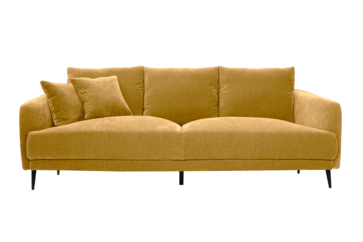 Divano design 3 posti in tessuto effetto velluto giallo curry e metallo nero JERRY