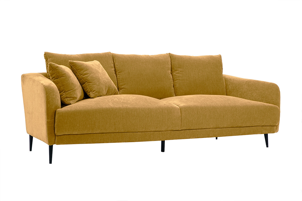 Divano design 3 posti in tessuto effetto velluto giallo curry e metallo nero JERRY