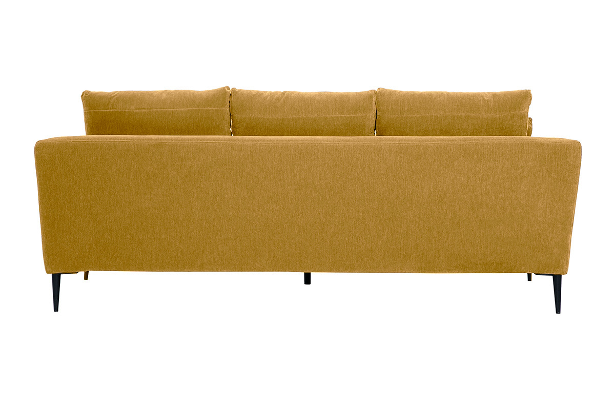 Divano design 3 posti in tessuto effetto velluto giallo curry e metallo nero JERRY