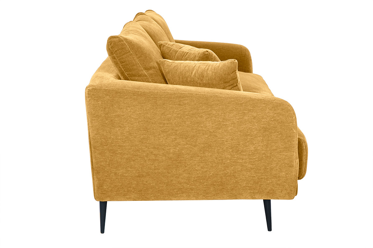 Divano design 3 posti in tessuto effetto velluto giallo curry e metallo nero JERRY