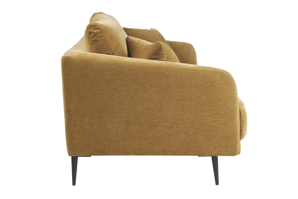 Divano design 3 posti in tessuto effetto velluto giallo curry e metallo nero JERRY