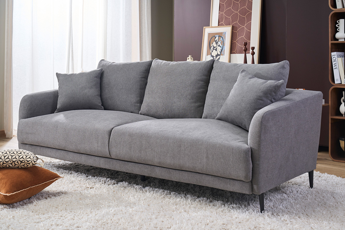 Divano design 3 posti in tessuto effetto velluto grigio e metallo nero JERRY
