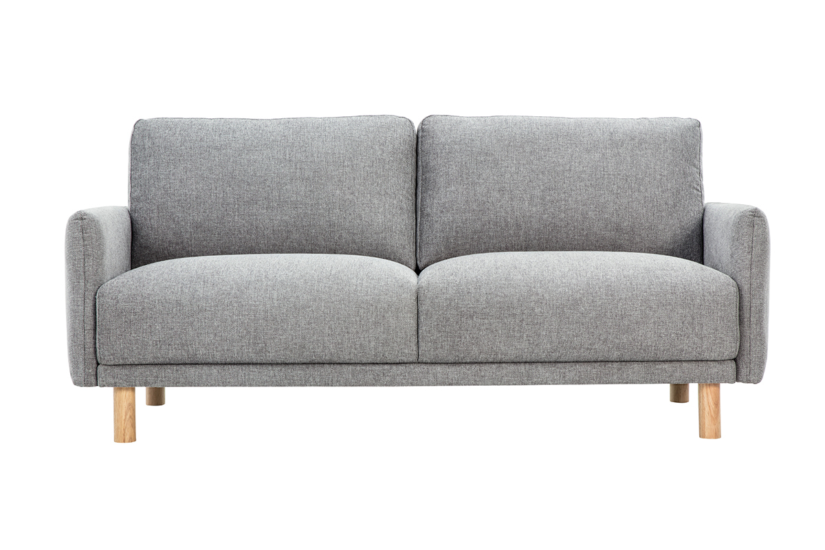 Divano a 3 posti grigio in tessuto effetto velluto, piedi in legno chiaro, vista frontale.