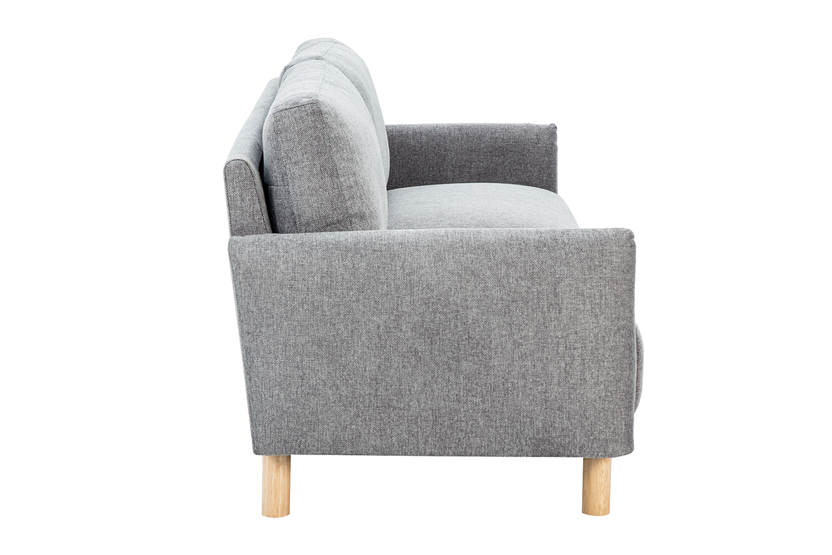 Divano a 3 posti grigio effetto velluto, gambe in legno chiaro, vista laterale.