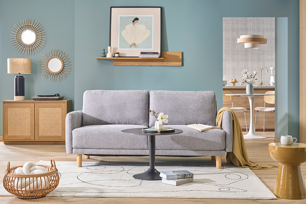 Divano design 3 posti in tessuto effetto velluto grigio testurizzato e legno chiaro BONO