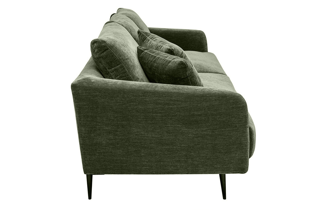 Divano design 3 posti in tessuto effetto velluto kaki e metallo nero JERRY