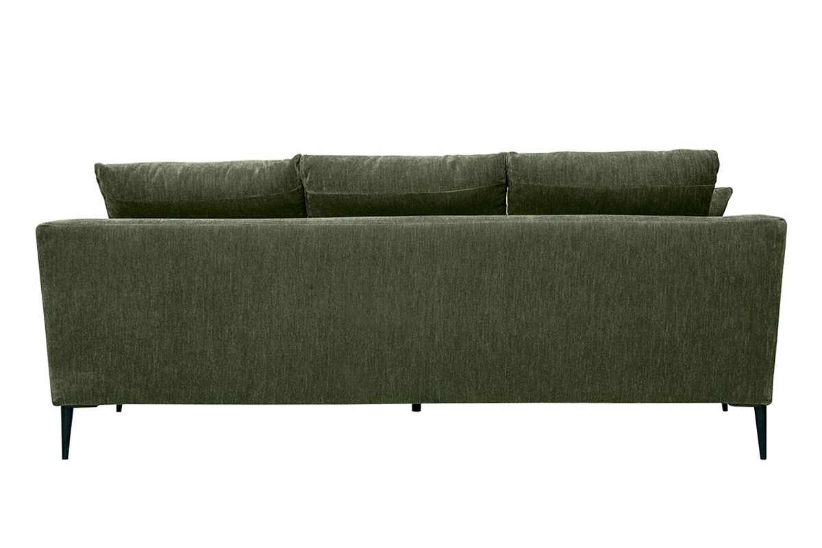 Divano design 3 posti in tessuto effetto velluto kaki e metallo nero JERRY