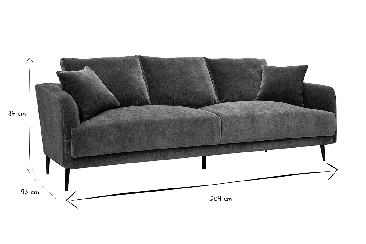 Divano design 3 posti in tessuto effetto velluto kaki e metallo nero JERRY