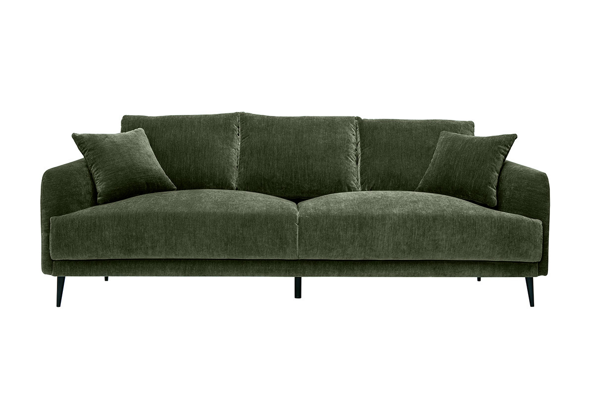 Divano design 3 posti in tessuto effetto velluto kaki e metallo nero JERRY