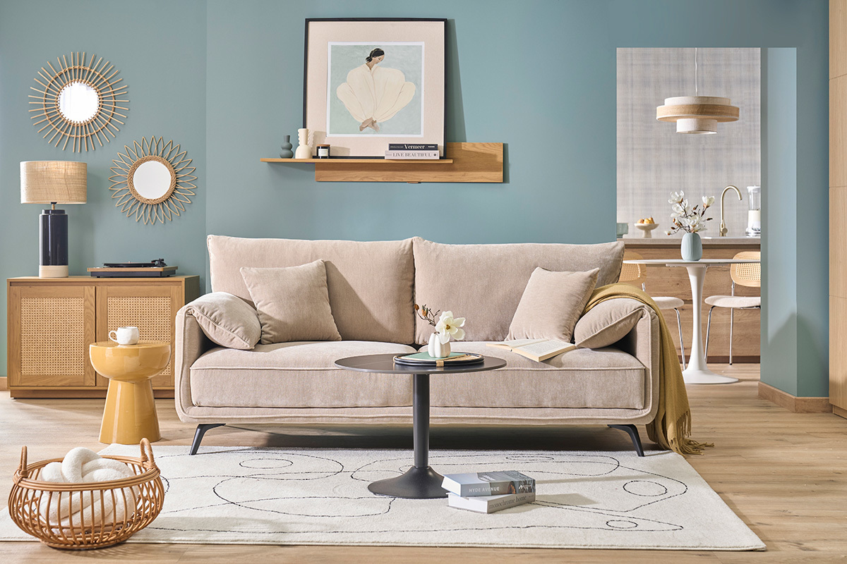 Divano design 3 posti in tessuto effetto velluto taupe e metallo nero TANTOR