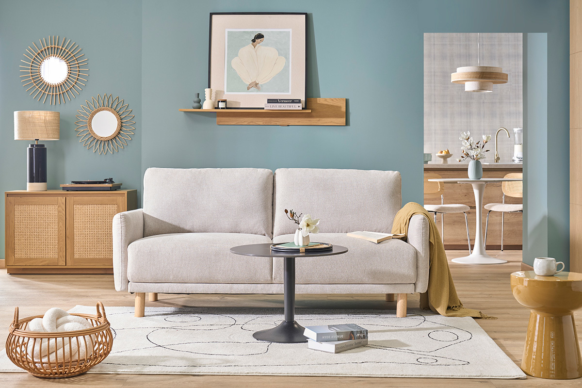 Divano design 3 posti in tessuto effetto velluto testurizzato beige e legno chiaro BONO