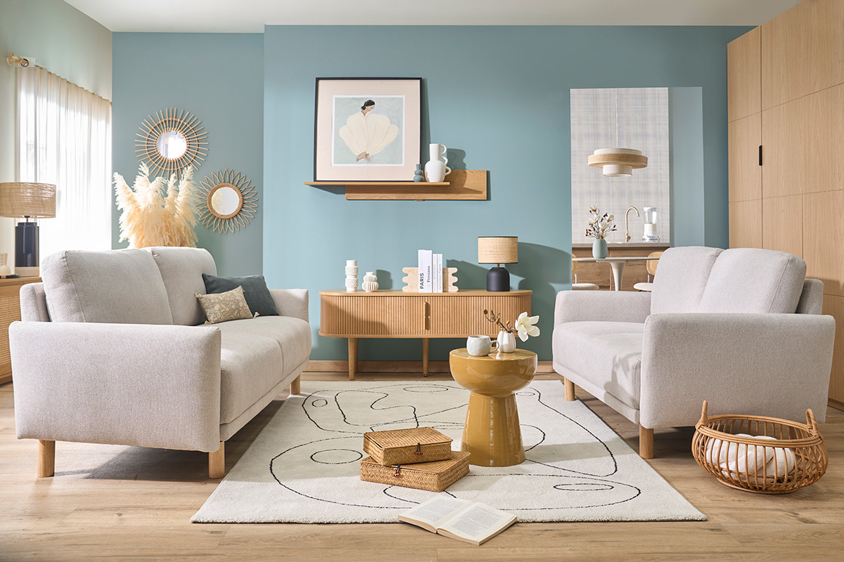 Divano design 3 posti in tessuto effetto velluto testurizzato beige e legno chiaro BONO