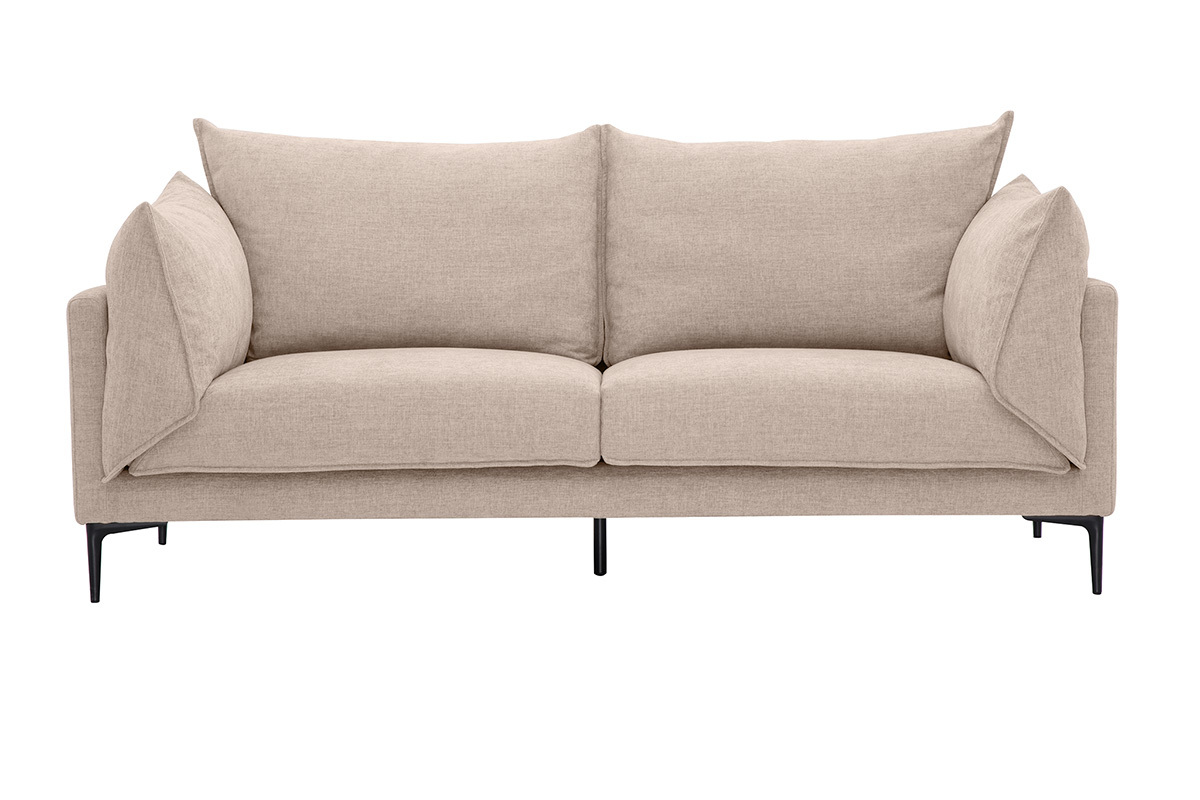 Divano design a 3 posti in tessuto effetto velluto beige con piedini in metallo nero, vista frontale.