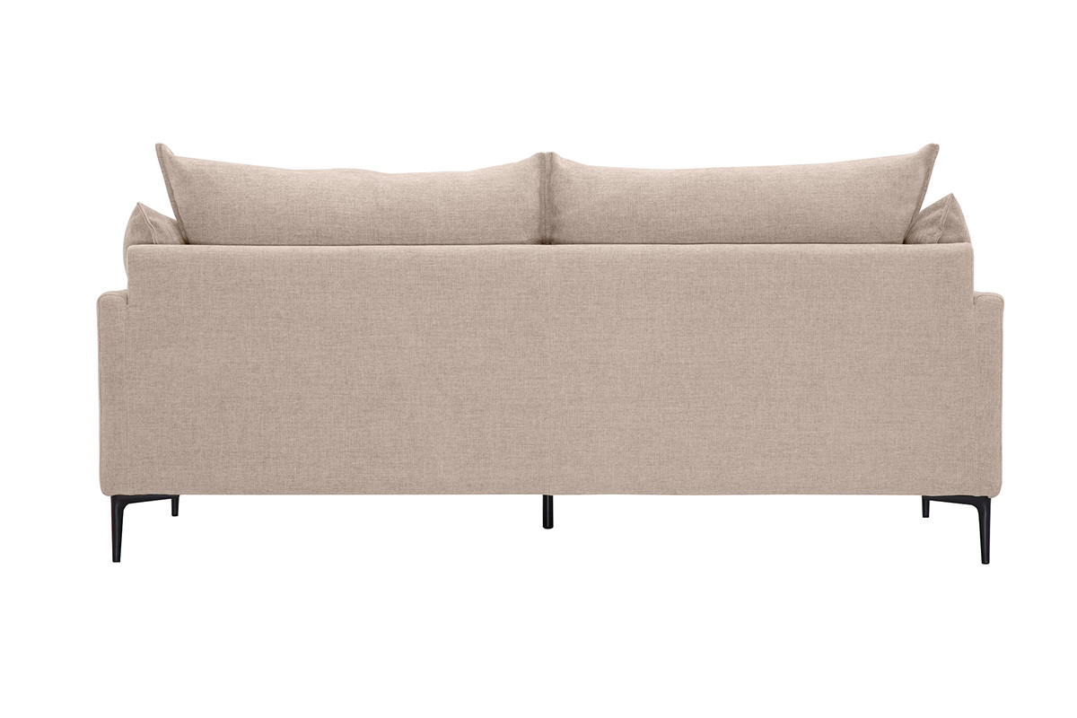 Divano design a 3 posti beige in tessuto effetto velluto, vista posteriore con piedi in metallo nero.