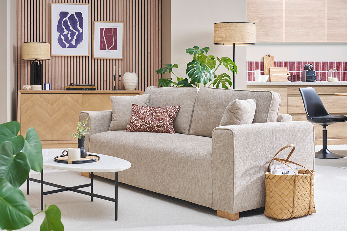 Divano design 3 posti in tessuto effetto velluto testurizzato beige PEPPER