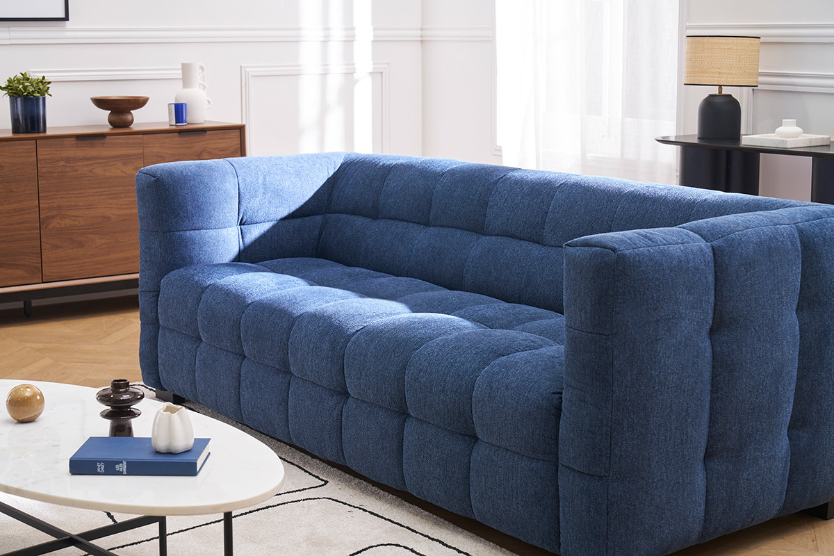 Divano design 3 posti in tessuto effetto velluto testurizzato blu scuro CORTO