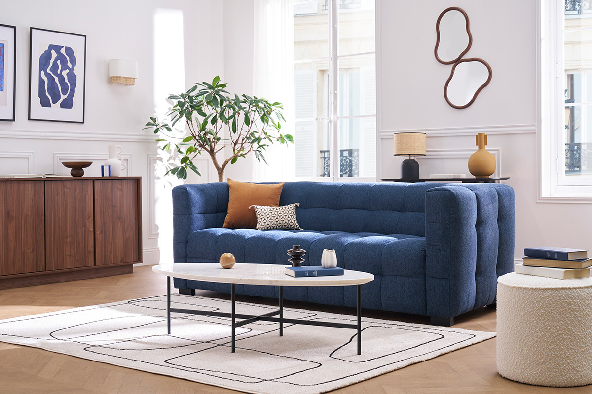 Divano design 3 posti in tessuto effetto velluto testurizzato blu scuro CORTO