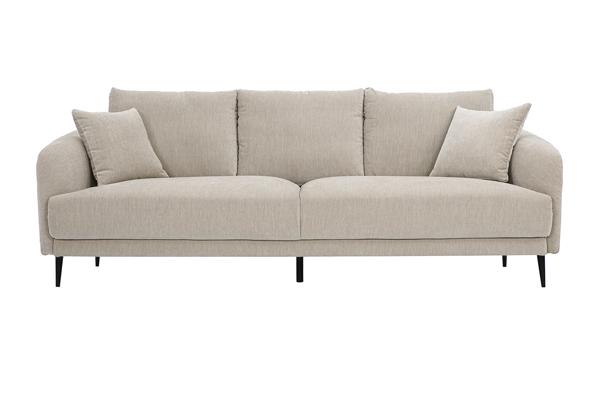 Divano design 3 posti in tessuto effetto velluto tortora con cuscini morbidi, vista frontale