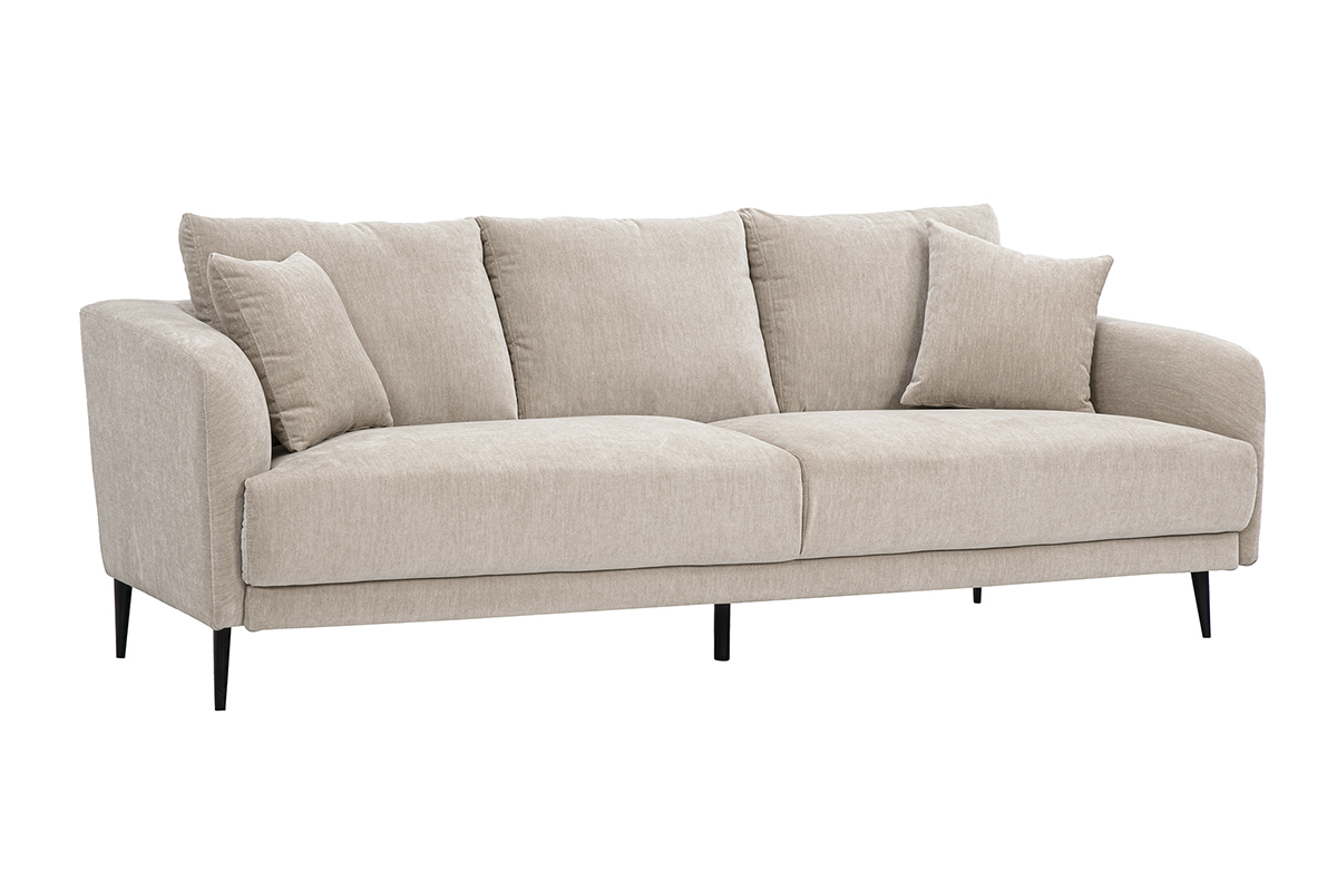 Divano design a 3 posti in tessuto effetto velluto taupe con cuscini soffici e piedini in metallo nero.