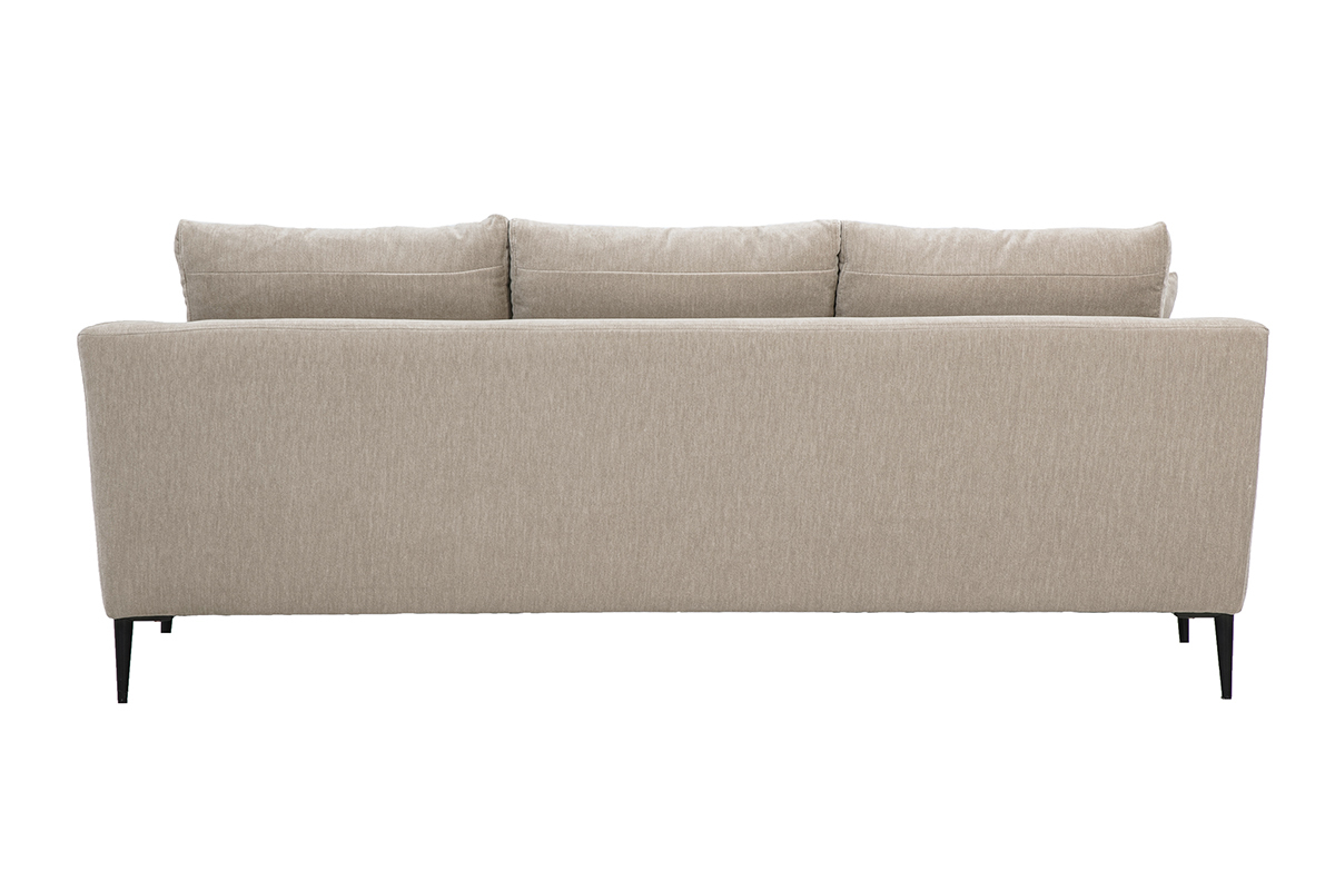 Vista posteriore del divano design a 3 posti in tessuto taupe e metallo nero JERRY