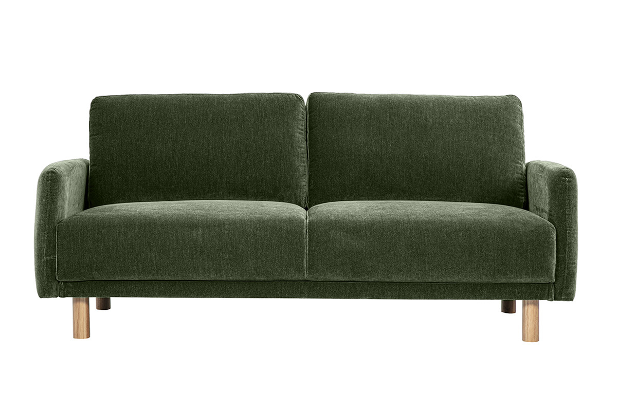 Divano a 3 posti verde kaki effetto velluto, piedi in legno chiaro, vista frontale.