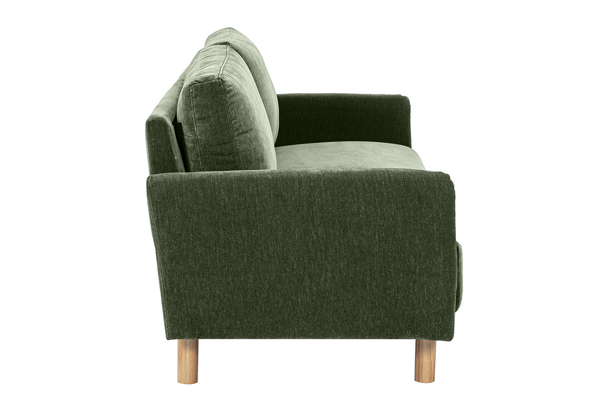 Divano a 3 posti in tessuto verde kaki e piedi in legno chiaro, vista laterale.