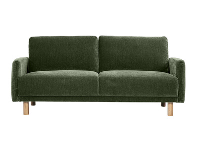 Divano design 3 posti in tessuto effetto velluto verde kaki e legno chiaro BONO