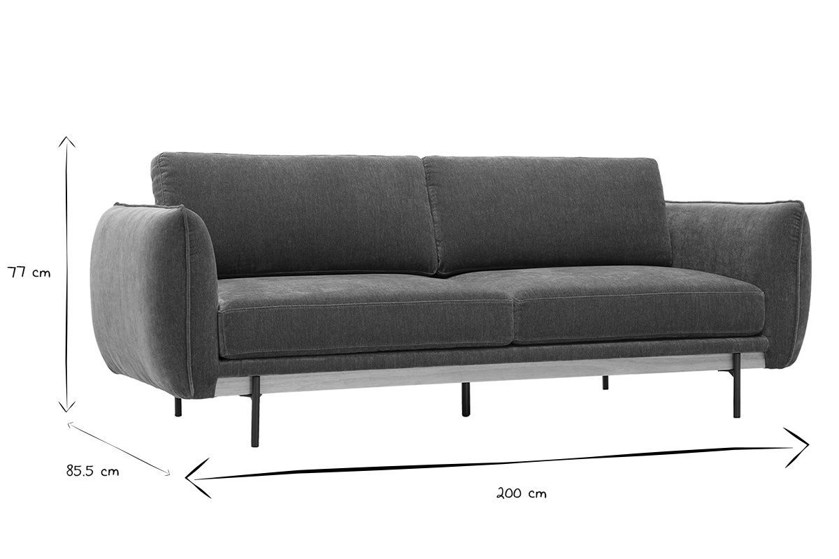 Dimensioni del divano design 3 posti TODD: L200 x P85,5 x H77 cm in bianco e nero.