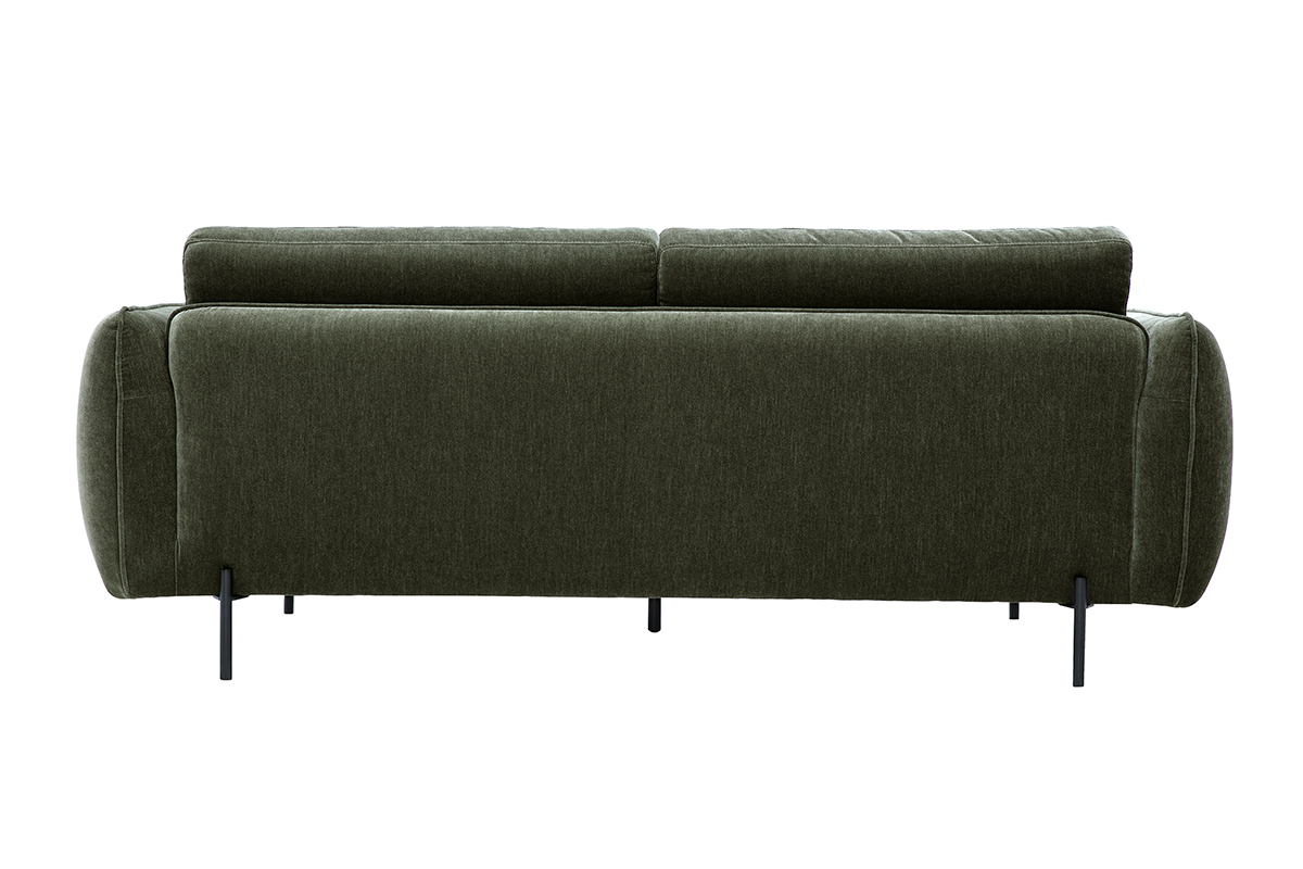 Canap� design 3 places en tissu effet velours vert kaki, vue de dos sur pieds en m�tal noir.