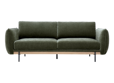 Divano design 3 posti in tessuto effetto velluto verde kaki e metallo nero TODD