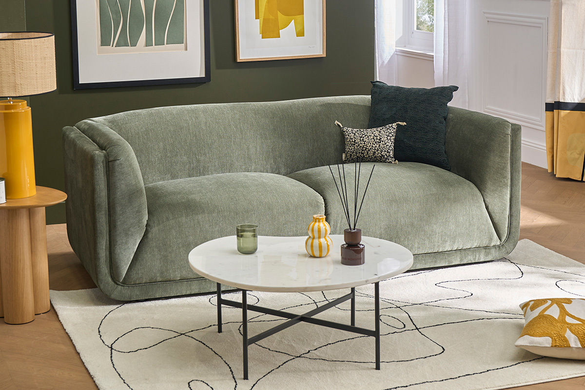 Divano design 3 posti in tessuto effetto velluto verde kaki HOSBO