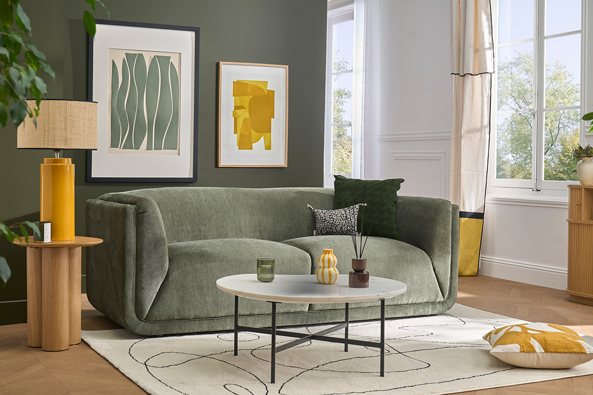 Divano design 3 posti in tessuto effetto velluto verde kaki HOSBO