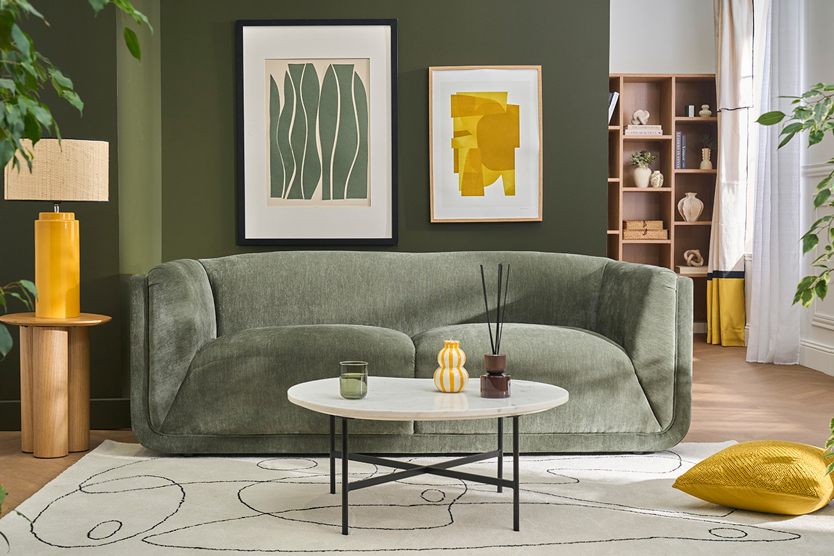 Divano design 3 posti in tessuto effetto velluto verde kaki HOSBO