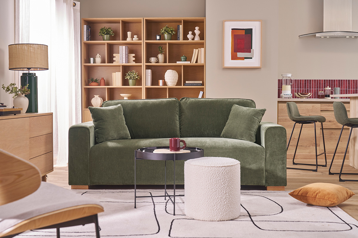 Divano design 3 posti in tessuto effetto velluto verde kaki PEPPER