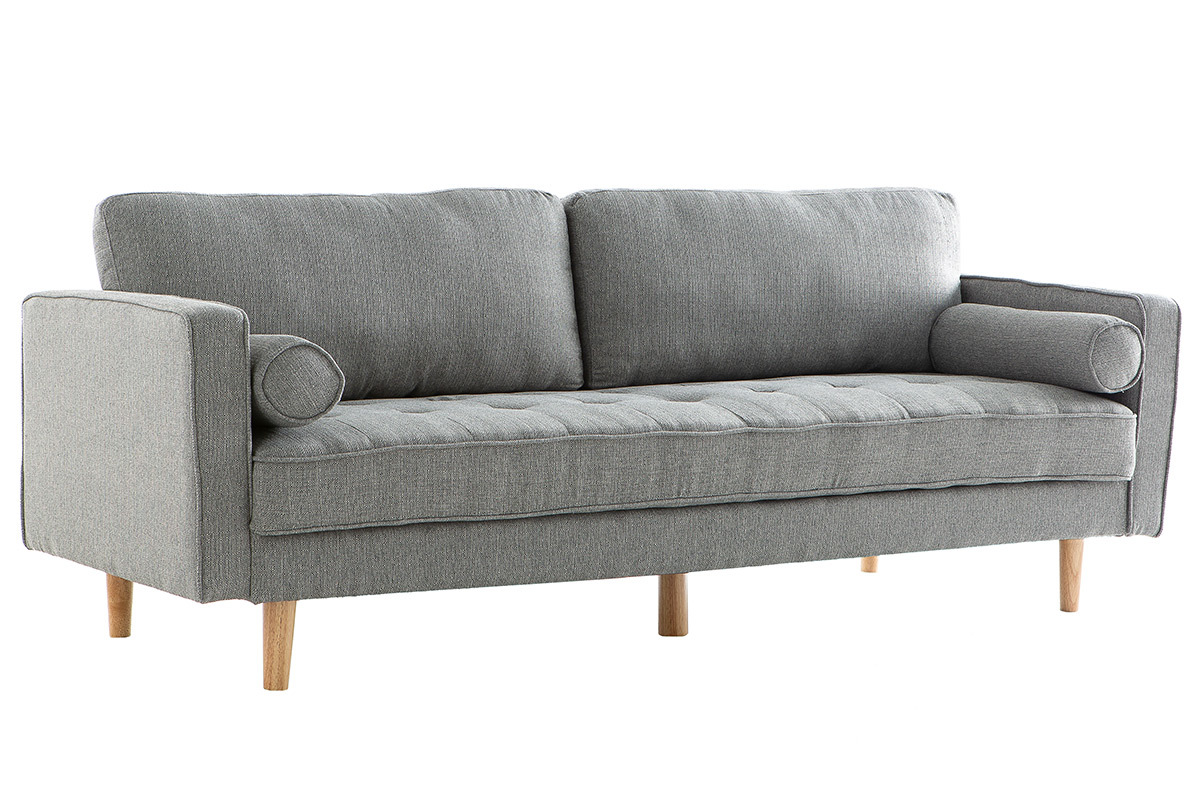 Divano design 3 posti in tessuto grigio chiaro e piedi in legno IMPERIAL