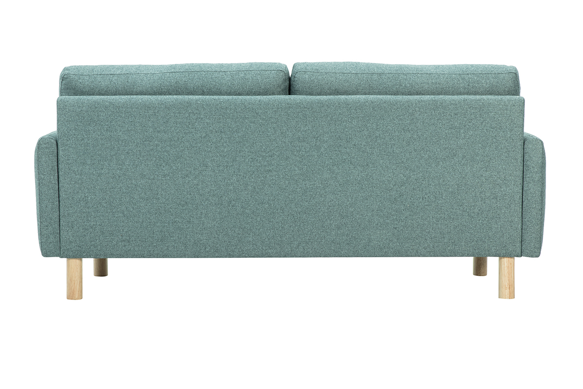 Vista posteriore del divano a 3 posti in tessuto verde grigio con piedi in legno chiaro.