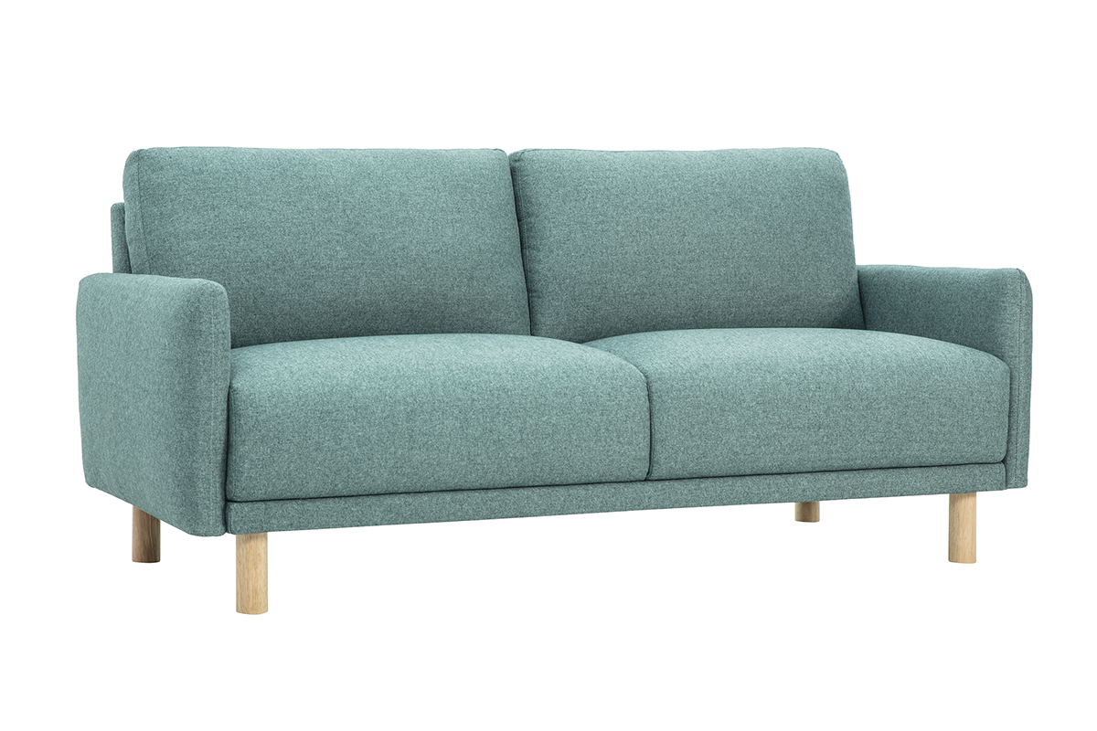 Divano a 3 posti in tessuto verde grigio con piedi in legno chiaro, vista 3/4.