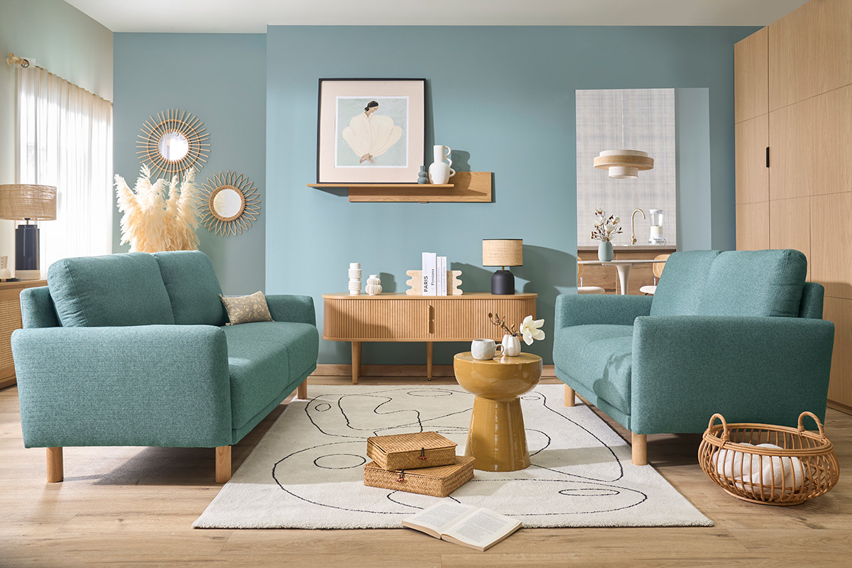 Divano design 3 posti in tessuto verde grigio e legno chiaro BONO