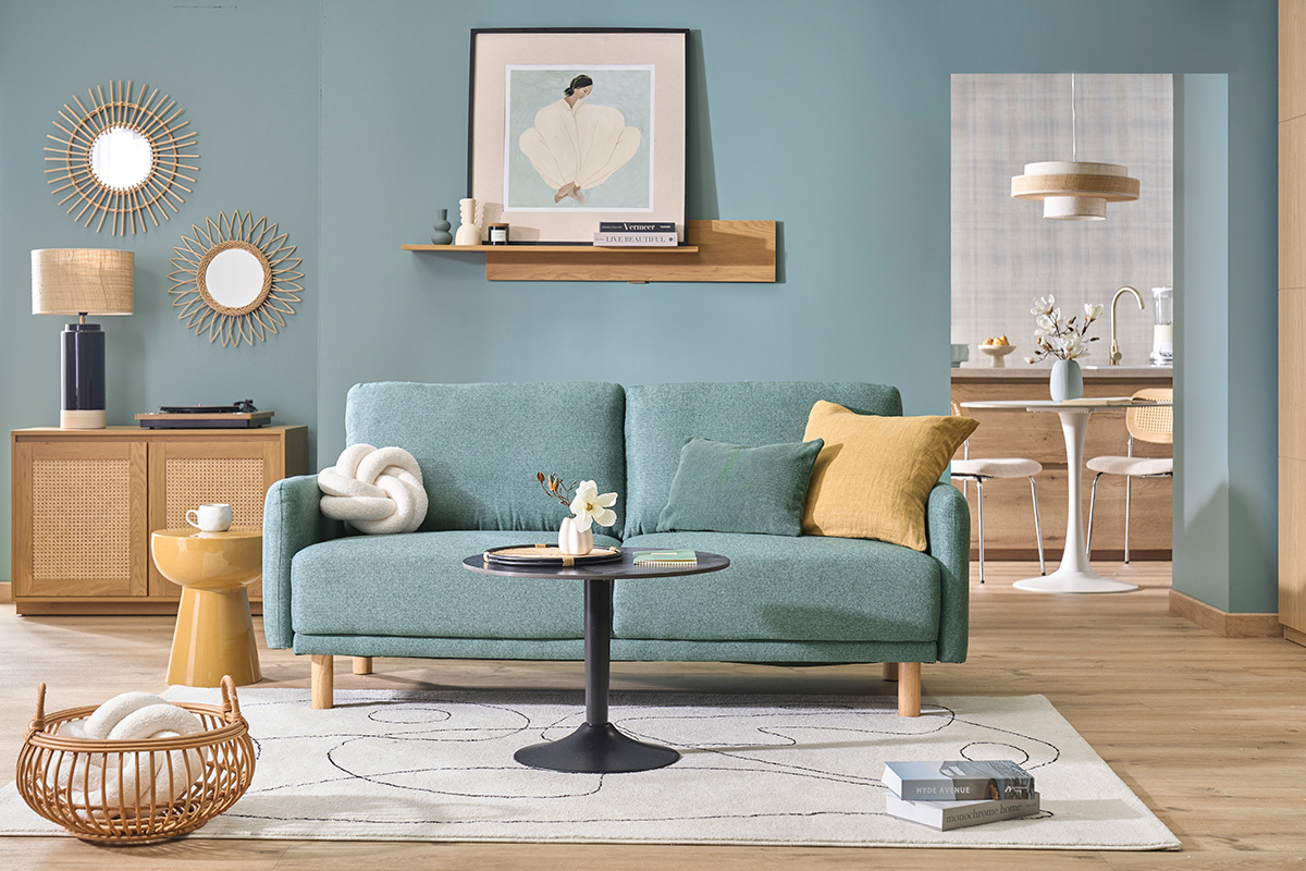 Divano design 3 posti in tessuto verde grigio e legno chiaro BONO