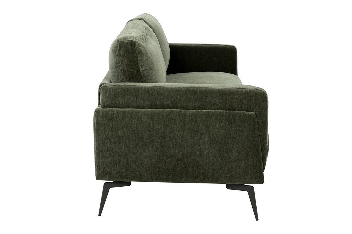 Divano design 3 posti in velluto effetto velluto verde kaki e metallo nero MOSCO