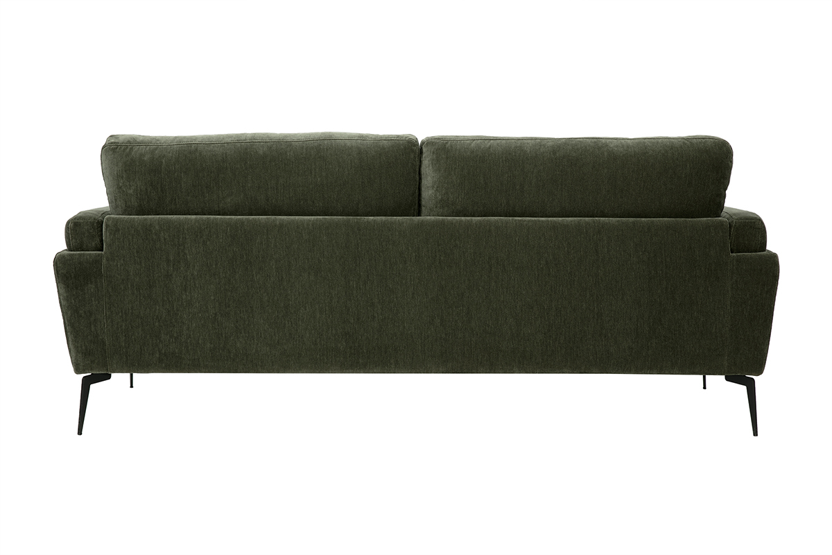 Divano design 3 posti in velluto effetto velluto verde kaki e metallo nero MOSCO