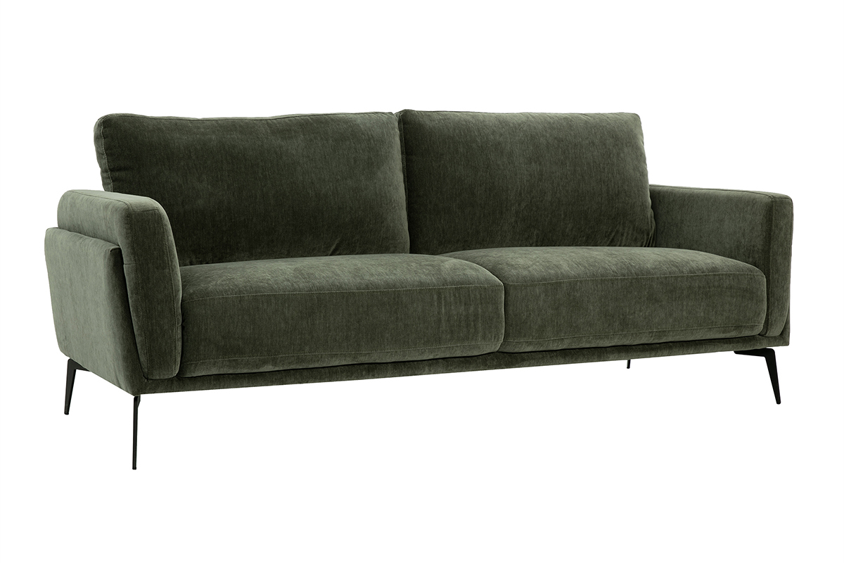 Divano design 3 posti in velluto effetto velluto verde kaki e metallo nero MOSCO