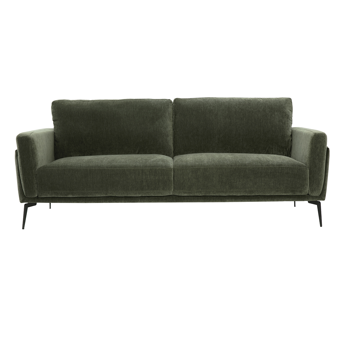 Divano design 3 posti in velluto effetto velluto verde kaki e metallo nero MOSCO